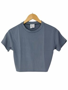 Mood Women’s XL Blue Gray Ribbed Fitted Crop Top Short Sleeve Casual Baby Tee
